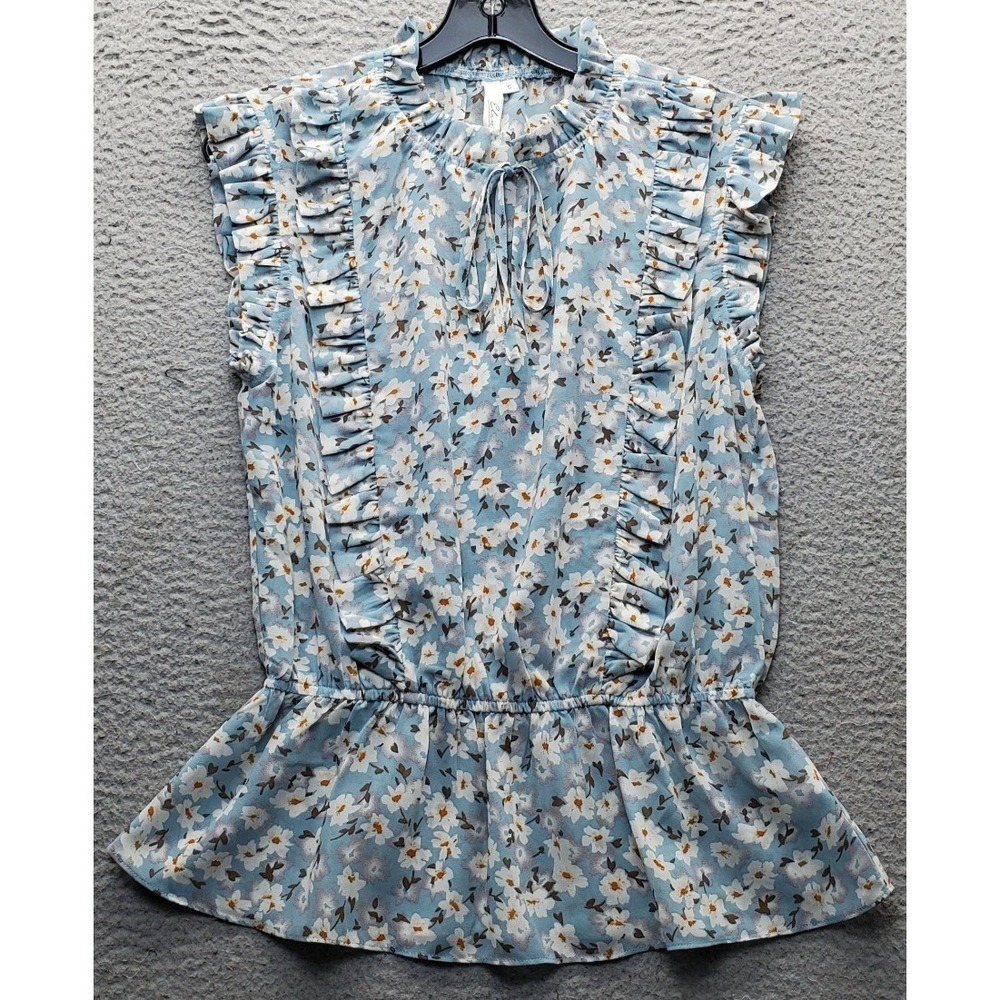 Elan Blouse Top Womens Small‎ Multi Floral Ruffle Sleeveless Crew Neck Tie Front